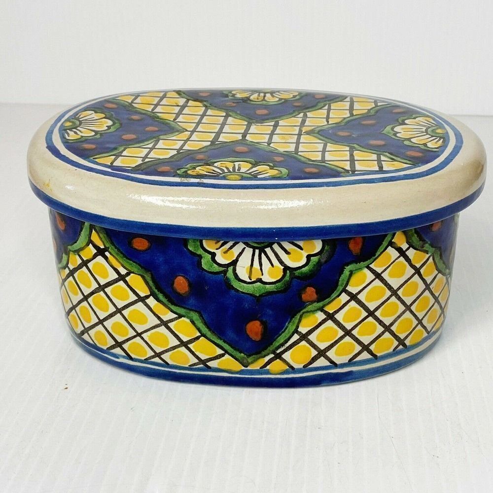 Mexican Clay Pottery Bowl With Lid Terra-cotta Hand painted 8”x 6”x 4”